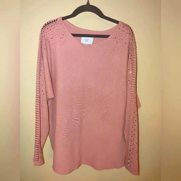 Liv Milano Pink Knit Top With Embellished Sleeves, Size Large - Picture 1 of 5